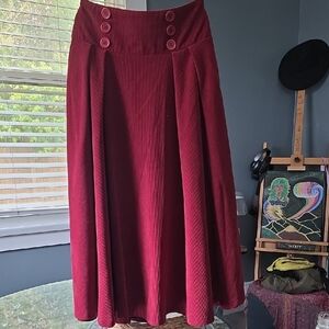 Elegant Burgundy A-Line Midi Skirt with Buttoned High Waist